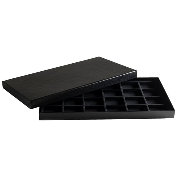 Novel Box Black Paperboard 24 Slot Jewelry Organizer Tray 14.75x8.25x1 In with Black Flocked Inserts