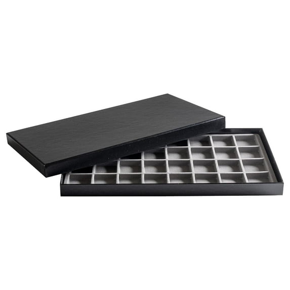 Novel Box Black Paperboard 32 Slot Jewelry Organizer Tray 14.75x8.25x1 In with Gray Flocked Inserts