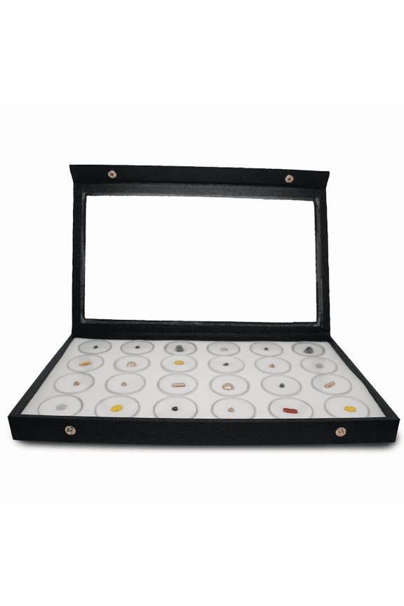Jewelry Display Case 14.75x8.25x1.15 with Attached Acrylic Lid+24 Gem Jars & White Foam