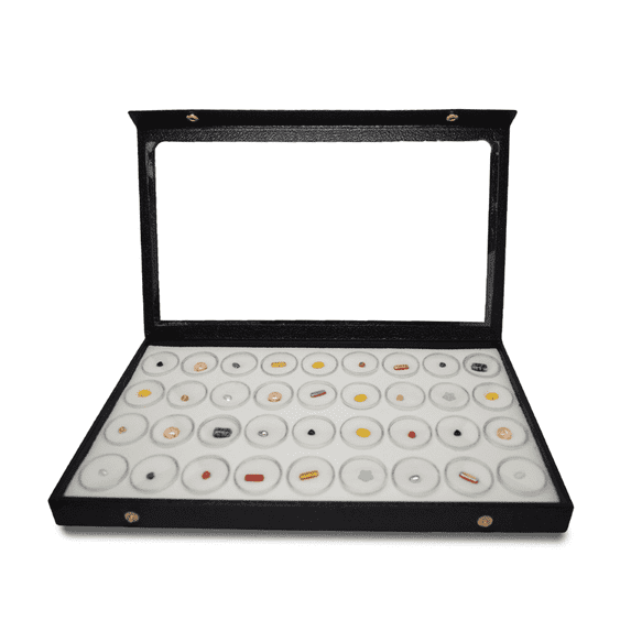 Novel Box Jewelry Display Case 14.75x8.25x1.15 with Attached Acrylic Lid+36 Gem Jars & White Foam