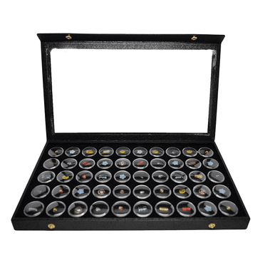 Novel Box Jewelry Display Case 14.75x8.25x1.15 with Attached Acrylic Lid 50 Gem Jars & Black Foam
