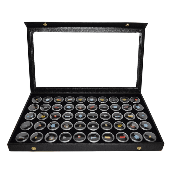 Novel Box Jewelry Display Case 14.75x8.25x1.15 with Attached Acrylic Lid+50 Gem Jars & Black Foam