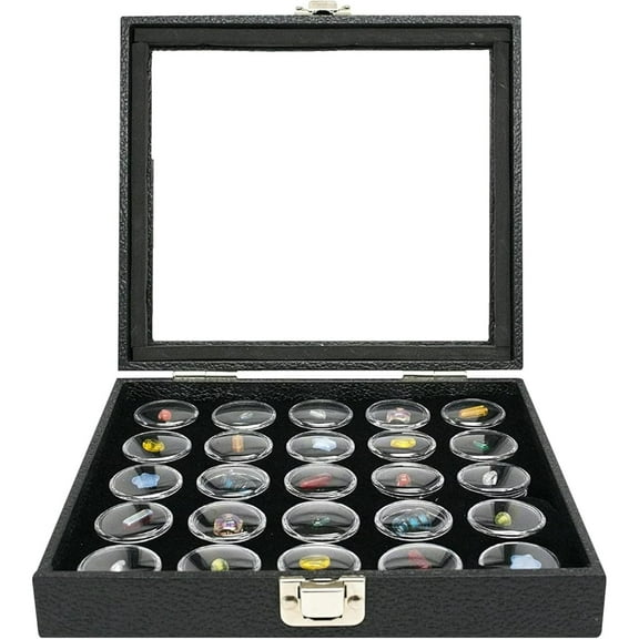 Novel Box Jewelry Display Case 14.75x8.25x2.1 with Metal Clasp   25 Gems Jars & Black Foam Liner