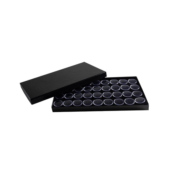 Novel Box Jewelry Display Tray with Fitted Lid 8.25x14.75x1 + 36 Gems Jars & Black Foam Liner