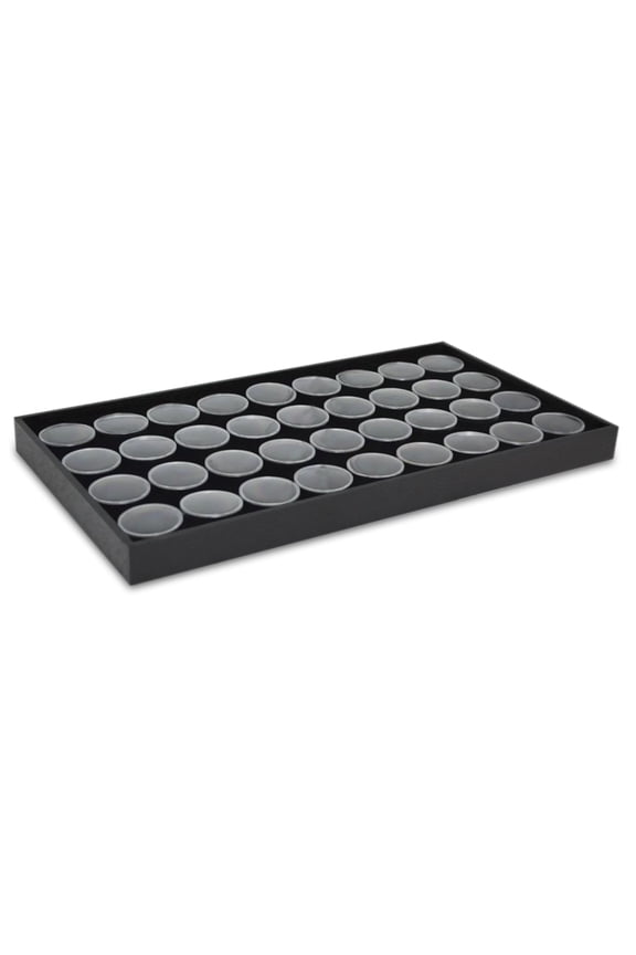 Jewelry Display Tray Black Wood 8.25 x 14.75 x 1 Inches + 36 Gem Jars & Black Foam Liner