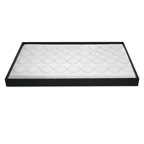 Novel Box Jewelry Display Tray Black Wood 8.25 x 14.75 x 1 Inches + 36 Gem Jars & White Foam Liner