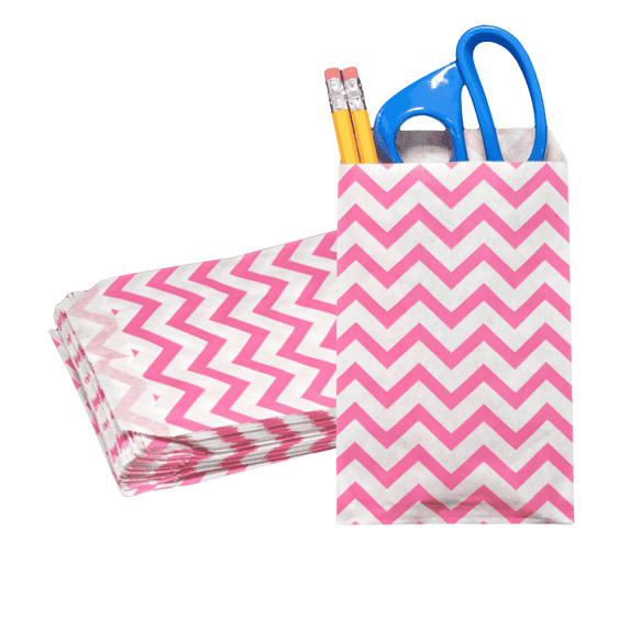 Novel Box 100 Pack Pink Chevron Print 4x6 Inch Flat Paper Bags for Gifts, Parties, Weddings & More