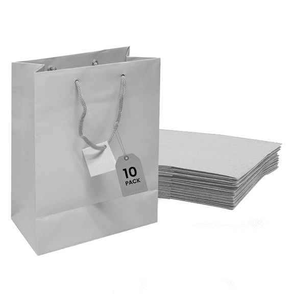 Novel Box 10 pack Silver Gift Bags with Handles 8x4x10 Inches - Shopping Bag for Birthday Business