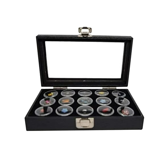 Novel Box Jewelry Display Case 14.75x8.25x2.1 with Metal Clasp   15 Gems Jars & Black Foam Liner