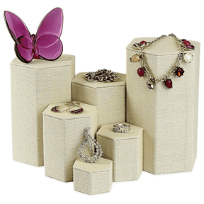 Novel Box Beige Linen 6 Packs Hexagonal Display Risers Stand - Jewelry Stands in Multi-sizes