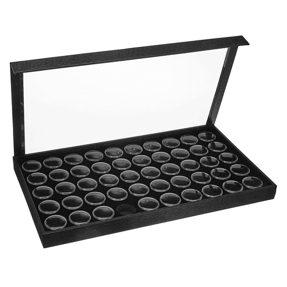 Novel Box Jewelry Display Case 14.75x8.25x1.15 with Detachable Acrylic Lid 50 Gem Jars & Black Foam