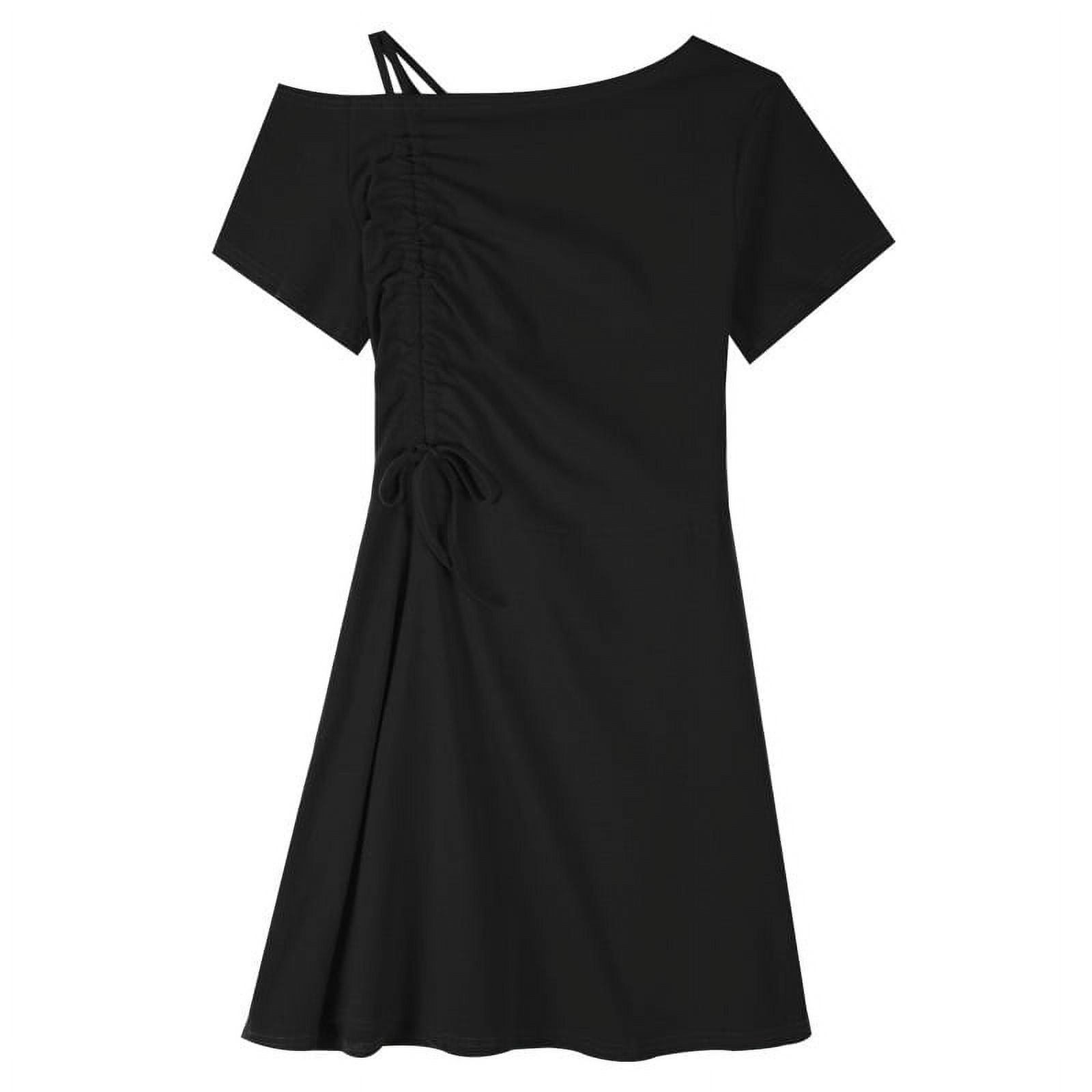Novel Design Asymmetrical Collar Women's Dresses Summer Short Sleeve Solid  Casual Drawstring Cold Shoulder A-Line Dress