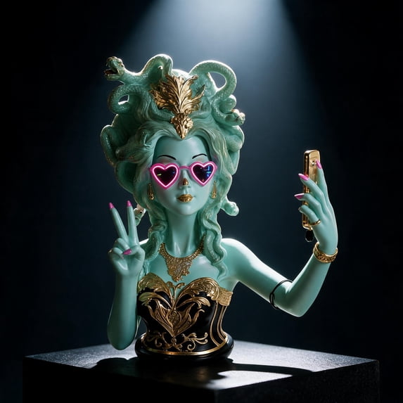 Selfie Medusa Bust Statue 12 Inch Resin Figurine for Tabletop Bookshelf Bedroom Office