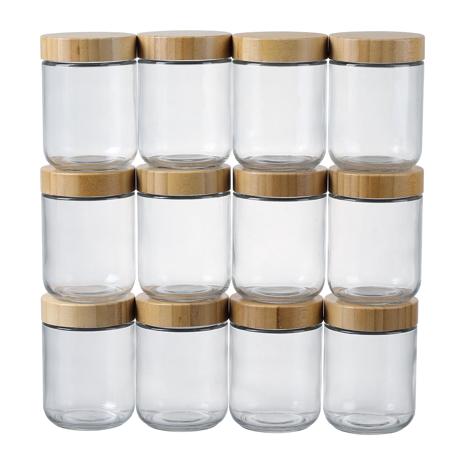 Novelinks Clear Glass Bamboo Airtight Overnight Oats, Fruit Yogurt Food Storage Jars 12 Count