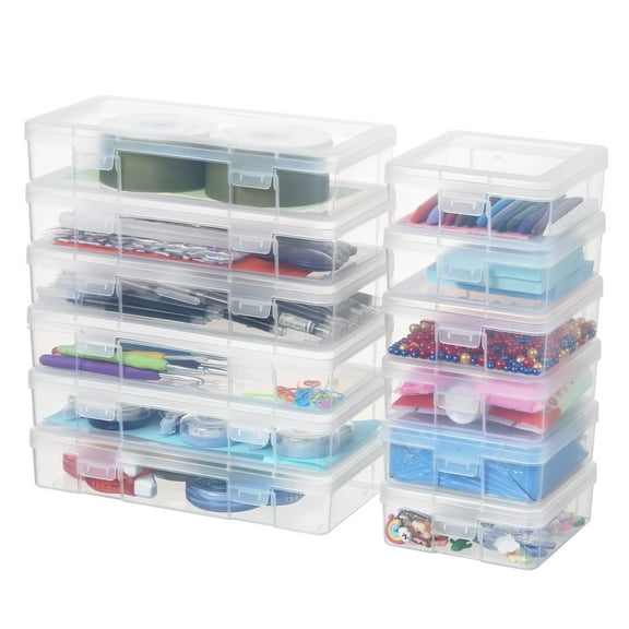 Novelinks 12 Pack Stackable Plastic Storage Box Containers Clear Hobby Art Craft Organizer Rectangle Box for Pencil Box Crayon Beads Jewelry,(6 Small + 6 Medium)