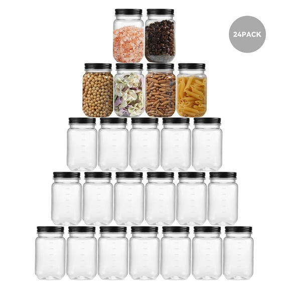 Novelinks 16 oz Airtight Jars with Black Lids Plastic Food Storage Canister Clear Kitchen Jar Containers for Candy, Cookie, Rice, Coffee Beans, Snacks, Spices,24 Pack