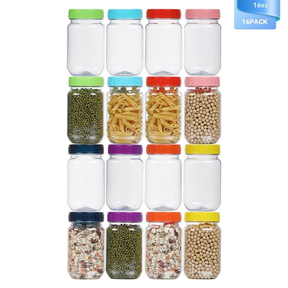 Novelinks 16 oz Airtight Jars with Colorful Lids Plastic Food Storage Canister Clear Kitchen Jar Containers for Candy, Cookie, Rice, Coffee Beans, Snacks, Spices,16 Pack