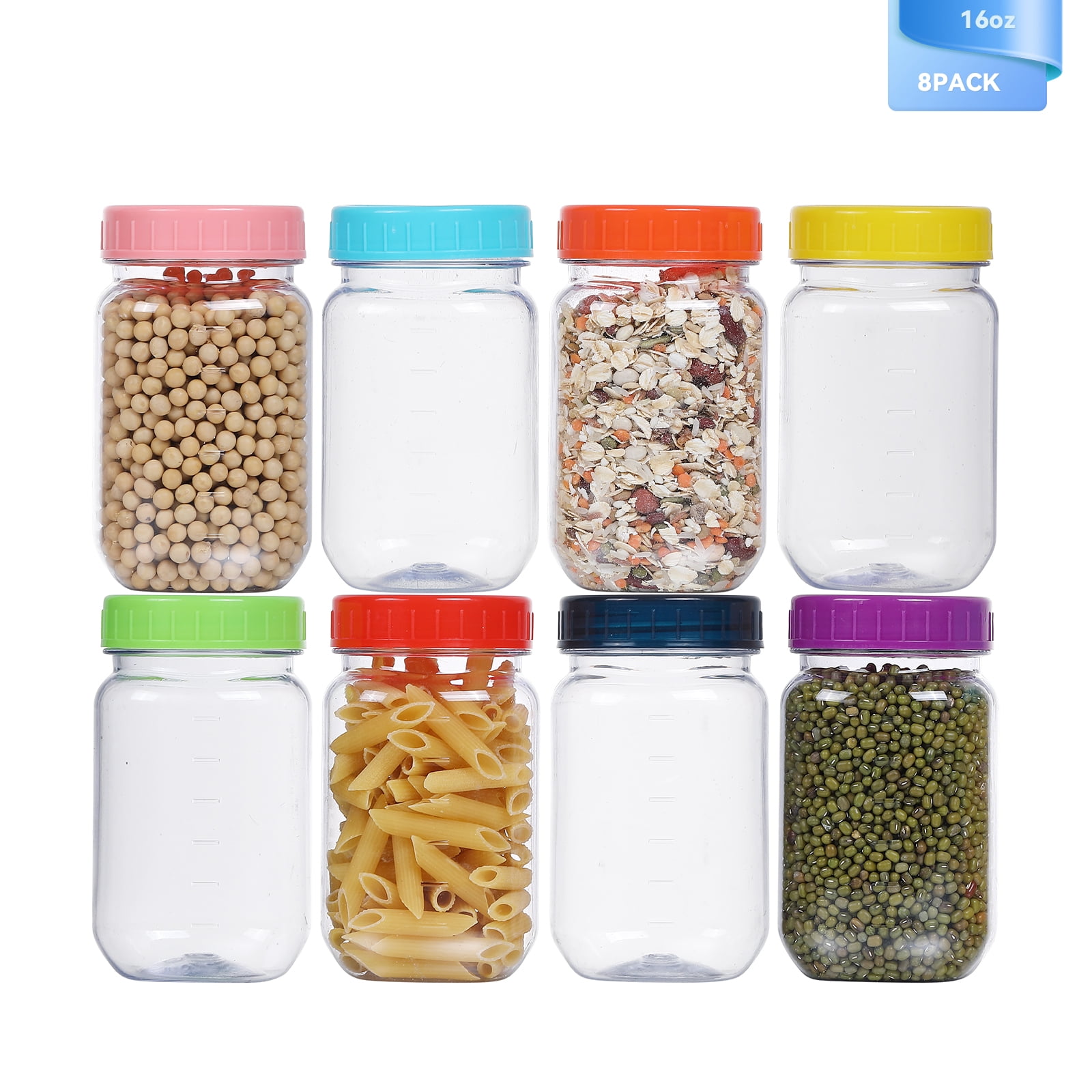 Novelinks 16 oz Airtight Jars with Colorful Lids Plastic Food Storage Canister Clear Kitchen Jar Containers for Candy, Cookie, Rice, Coffee Beans, Snacks, Spices,8 Pack