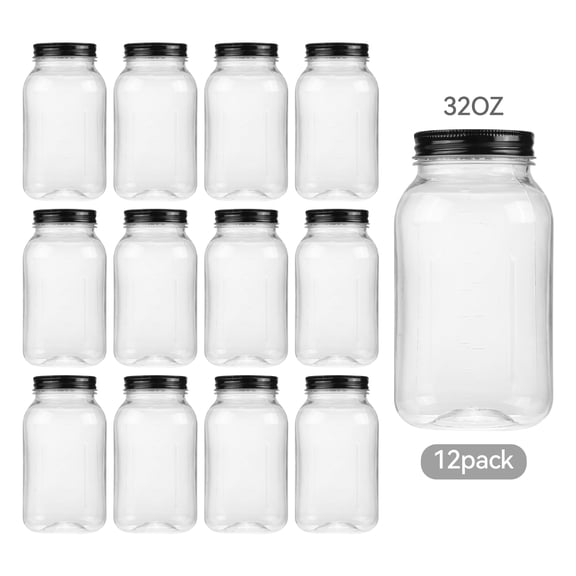 Novelinks 32oz Plastic Jars with Lids 12 Pack Clear Containers Airtight Food Storage Containers for Kitchen & Household,Black