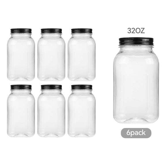 Novelinks 32oz Plastic Jars with Lids 6 Pack Clear Containers Airtight Food Storage Containers for Kitchen & Household,Black