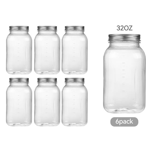 Novelinks 32oz Plastic Jars with Lids 6 Pack Clear Containers Airtight Food Storage Containers for Kitchen & Household,Silver