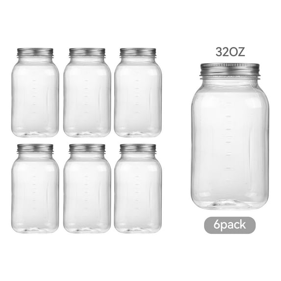 Novelinks 32oz Plastic Jars with Lids 6 Pack Clear Containers Airtight Food Storage Containers for Kitchen & Household,Silver