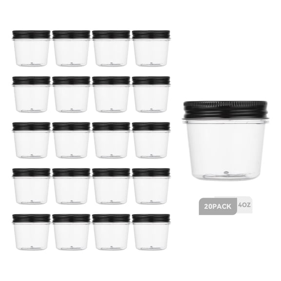 Novelinks 4 oz Airtight Jars with Black Lids Plastic Food Storage Canister Clear Kitchen Jar Containers for Candy, Cookie, Rice, Coffee Beans, Snacks, Spices,20 Pack