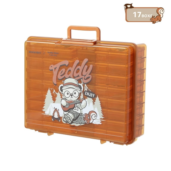 Novelinks 4x6 Inch Photo Boxes with 16 Inner Cases,Memory Organizer, Brown Plastic Box for Crafts, Stickers, Seeds, Art Supplies,Print with Camping Style Teddy Bear