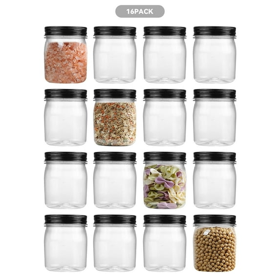 Novelinks 8 oz Airtight Jars with Black Lids Plastic Food Storage Canister Clear Kitchen Jar Containers for Candy, Cookie, Rice, Coffee Beans, Snacks, Spices,16 Pack