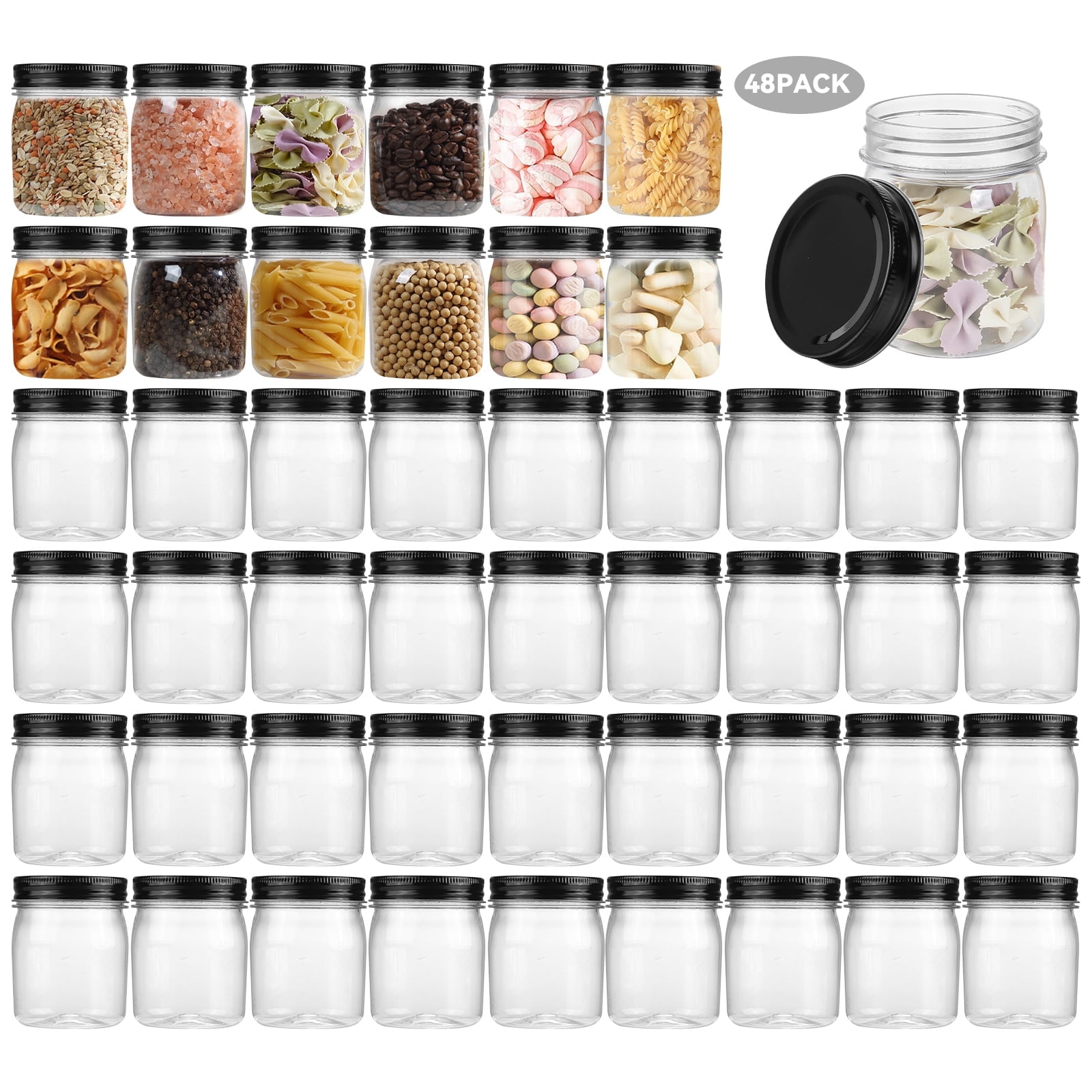 Novelinks 8 oz Airtight Jars with Black Lids Plastic Food Storage ...