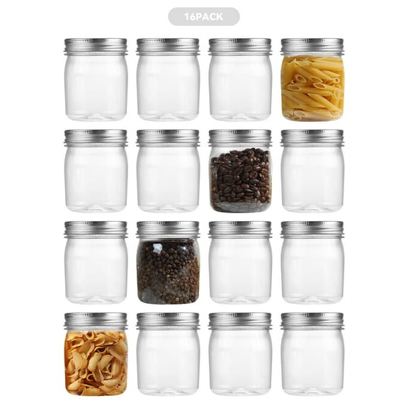 Novelinks 8 oz Airtight Jars with Silver Lids Plastic Food Storage Canister Clear Kitchen Jar Containers for Candy, Cookie, Rice, Coffee Beans, Snacks, Spices,16 Pack