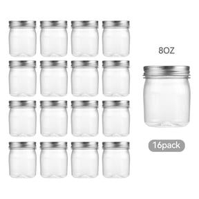 Novelinks 8oz Plastic Jars with Lids 16 Pack Kitchen Storage Containers Clear Plastic Slime Storage Jars Coffee Canister,Silver