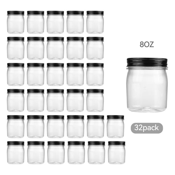 Novelinks 8oz Plastic Jars with Lids 32 Pack Kitchen Storage Containers Clear Plastic Slime Storage Jars Coffee Canister,Black