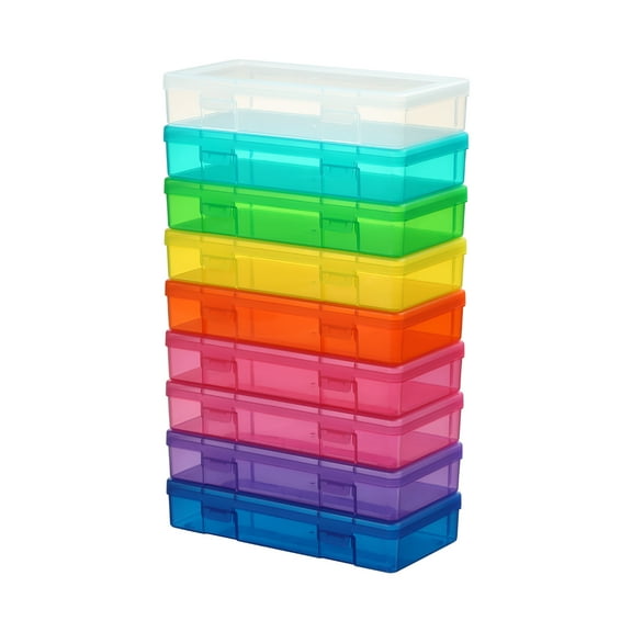 Novelinks 9 Pack Medium Stackable Plastic Storage Box Containers Clear Hobby Art Craft Organizer Rectangle Box for Pencil Box Lego Crayon Beads Jewelry ,Colorful