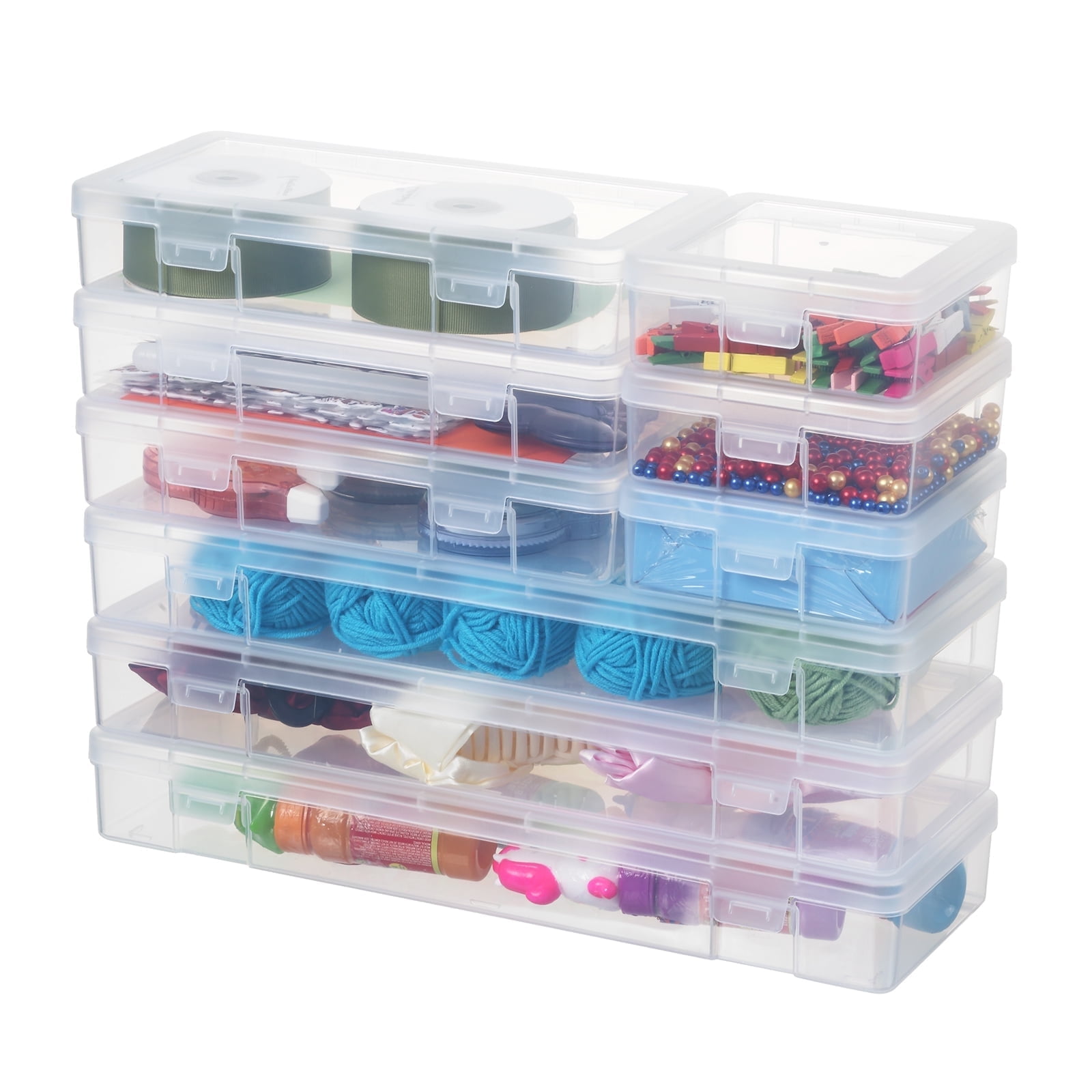 Novelinks 9 Pack Stackable Plastic Storage Box Containers Clear Hobby Art Craft Organizer Rectangle Box for Pencil Box Crayon Beads Jewelry,(3 Small + 3 Medium + 3 Large)