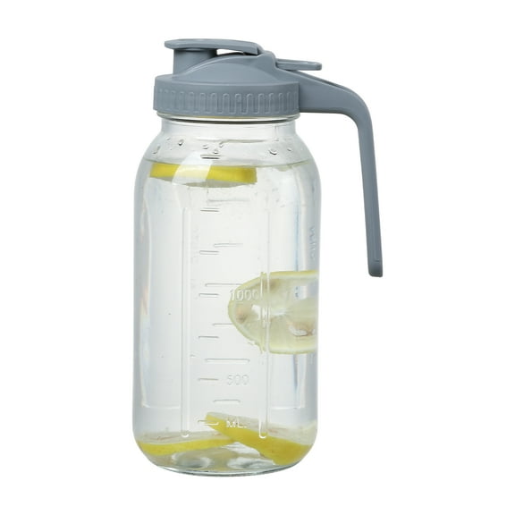 Novelinks Glass Pitcher with Gray Lid,64 Oz Wide Mouth Mason Jar Pitcher with Pour Spout Handle for Lemonade, Cold Brew Coffee, Ice Beverage, Iced Juice,Sun Tea, Fruit Drinks ,1 Pack