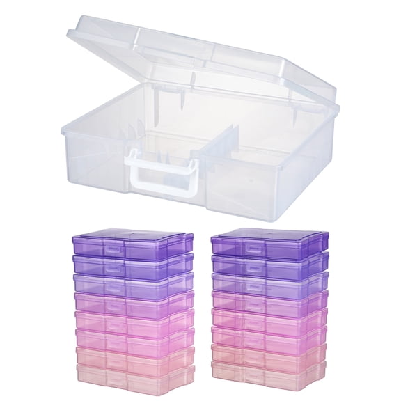 Novelinks Photo Storage Box with 16 Inner 4" x 6" Photo Case Organizer Box and Craft Keeper with handle for Photo Puzzles Cards Seed Packets,4 Pink Colors and 4 Purple Colors