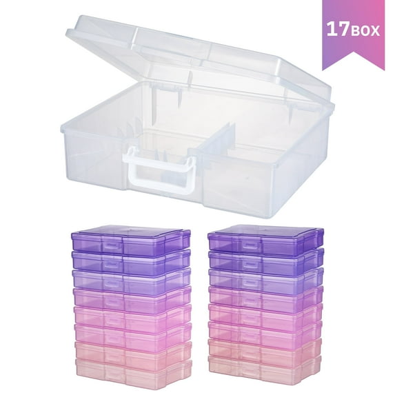 Novelinks Photo Storage Box with 16 Inner 4" x 6" Photo Case Organizer Box and Craft Keeper with handle for Photo Puzzles Cards Seed Packets,4 Pink Colors and 4 Purple Colors