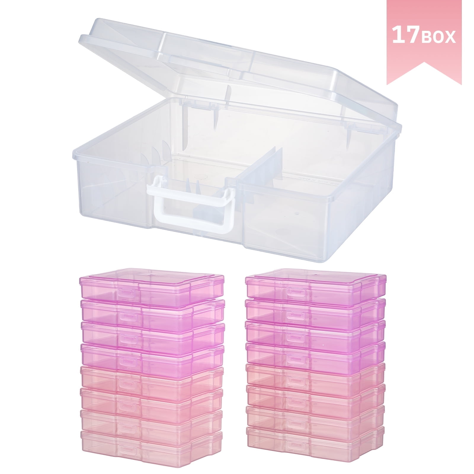 Novelinks Photo Storage Box with 16 Inner 4" x 6" Photo Case Organizer Box and Craft Keeper with handle for Photo Puzzles Cards Seed Packets,4 Pink Colors