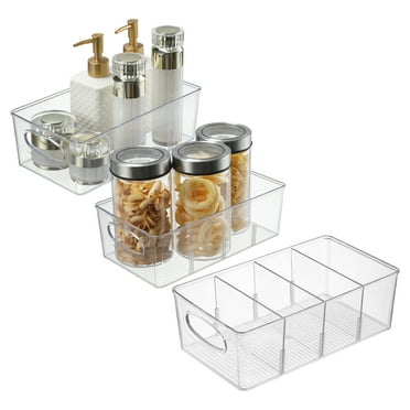 Novelinks Plastic Storage Bins with Removable Divider Kitchen Organization Cabinet Organizers Stackable Pantry Fridge Organizer ,3 Pack