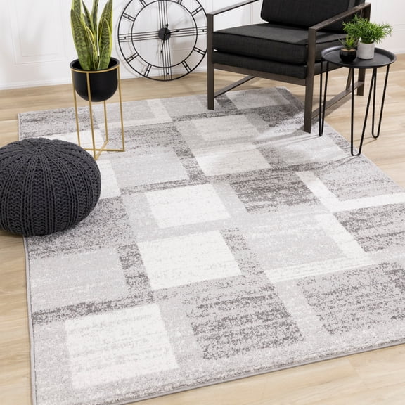 Alpine Rug Co. Flynn Collection - Grey/White Distressed Squares Rug 5'3'' x 7'7'' Latex Free,Contains Latex 5' x 8'