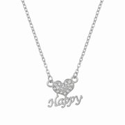 Novellea- Happy Heart Pendant Necklace with Crystal Accents, Inspirational Script Necklace, Adjustable Chain Gift Jewelry for Women