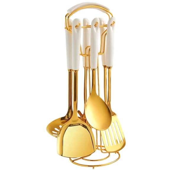 Novellus Stainless Steel Gold Kitchen Utensils Set with Holder, 7pcs Kitchen Accessories for Cooking Includes Soup Ladle, Metal Spatula, Slotted Spoon, Slotted Spatula, Pasta Spoon, White & Gold Y101