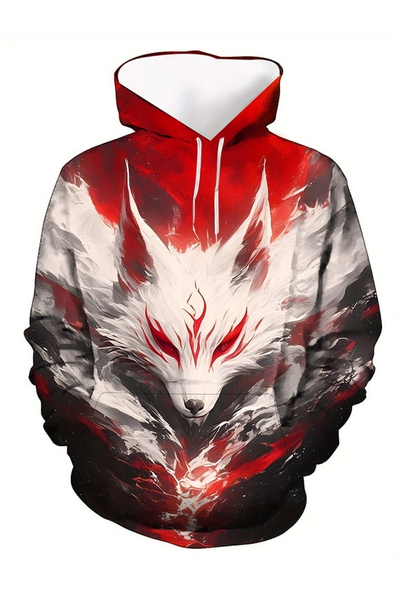 Novelty 3D Animal Fox Pattern Design Ink Style Men's Hooded Sweatshirt, Autumn and Winter Season Warm Comfortable Long Sleeve Top, Daily Casual Street Outdoor Long Sleeve Hoodie