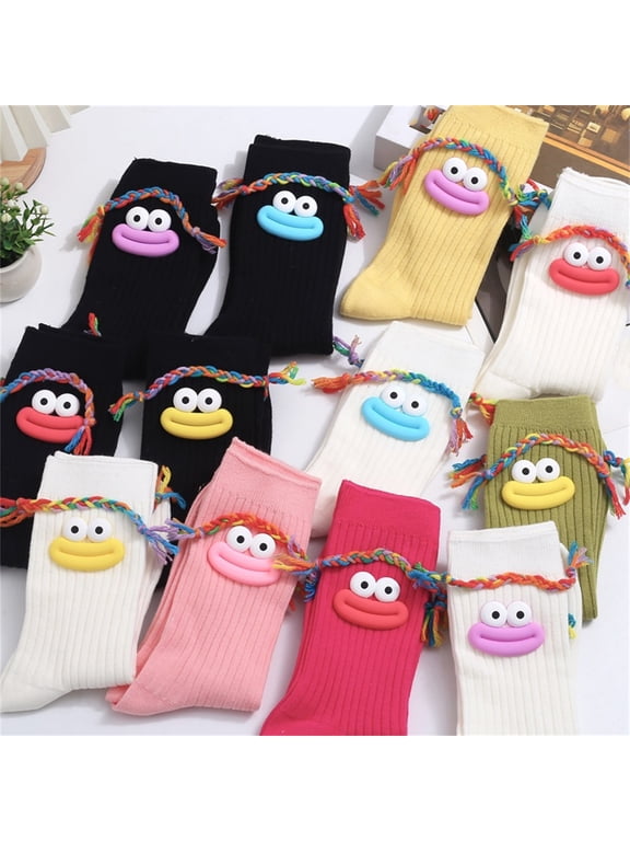 Novelty 3D Cartoon Face Crew Socks Braided Tassel Decor Mid Calf Ribbed Knit Socks Cute Funny Casual Socks For Women Holiday Party Accessories One Size
