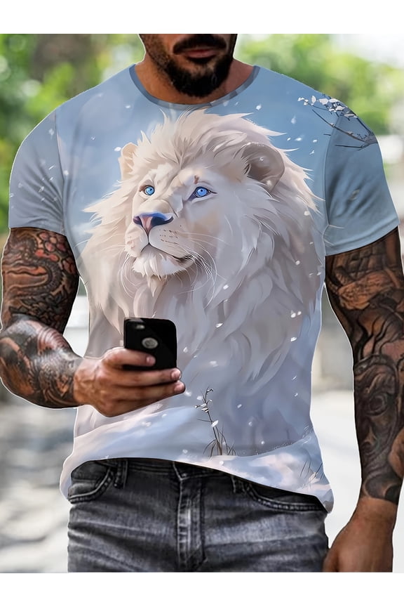 Novelty 3D Digital Personalized Lion King 3D Digital Print Crew Neck Short Sleeve T-Shirt for Men, Casual Summer T-Shirt for Daily Wear and Vacation Destinations