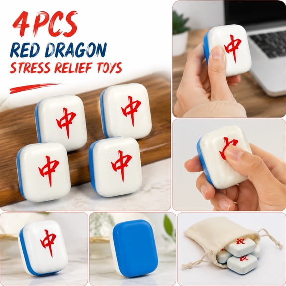 Novelty 4Pcs Mahjong Red Tile Shaped Squeeze Toys Bundle, Adhd Squeeze Toys Adults, Squeeze Toys for Relaxation, Relaxation Toys Adults, 2X2X1.5 Inch Soft Elastic Sensory Squeeze