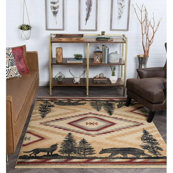 Novelty 5x8 Area Rug (5'3'' x 7'3'') Lodge Ivory, Beige Living Room Easy to Clean