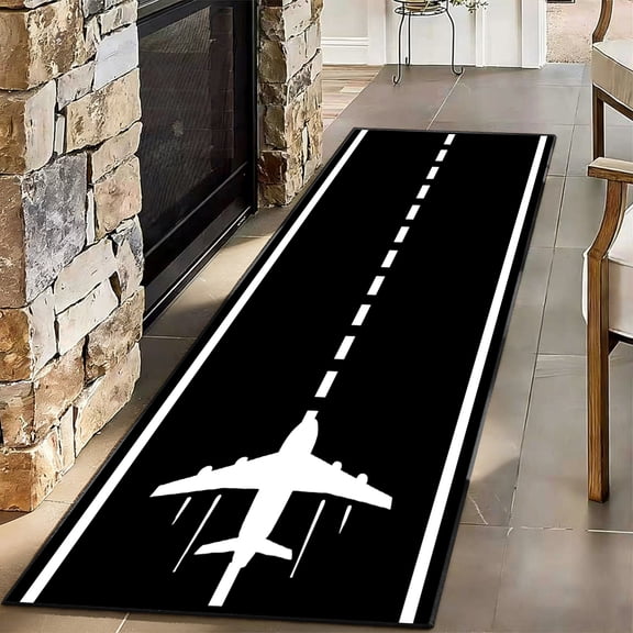 Novelty Airplane Runway Runner Rug, Non-Slip Washable Aviation Theme Floor Mat for Kids Bedroom, Gamer Room & Hallway Decor, 2x6ft