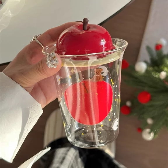 Novelty Apple Glass Drinking Cup with Protective Lid and Reusable Straw 400ml, Transparent Beverage Mug for Iced Tea, Smoothies, Soda and Coffee, Cute Aesthetic Drinkware